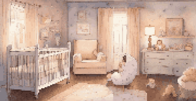 A parent singing a lullaby to an infant in a cozy, pastel-themed nursery with warm lighting and floating musical notes.