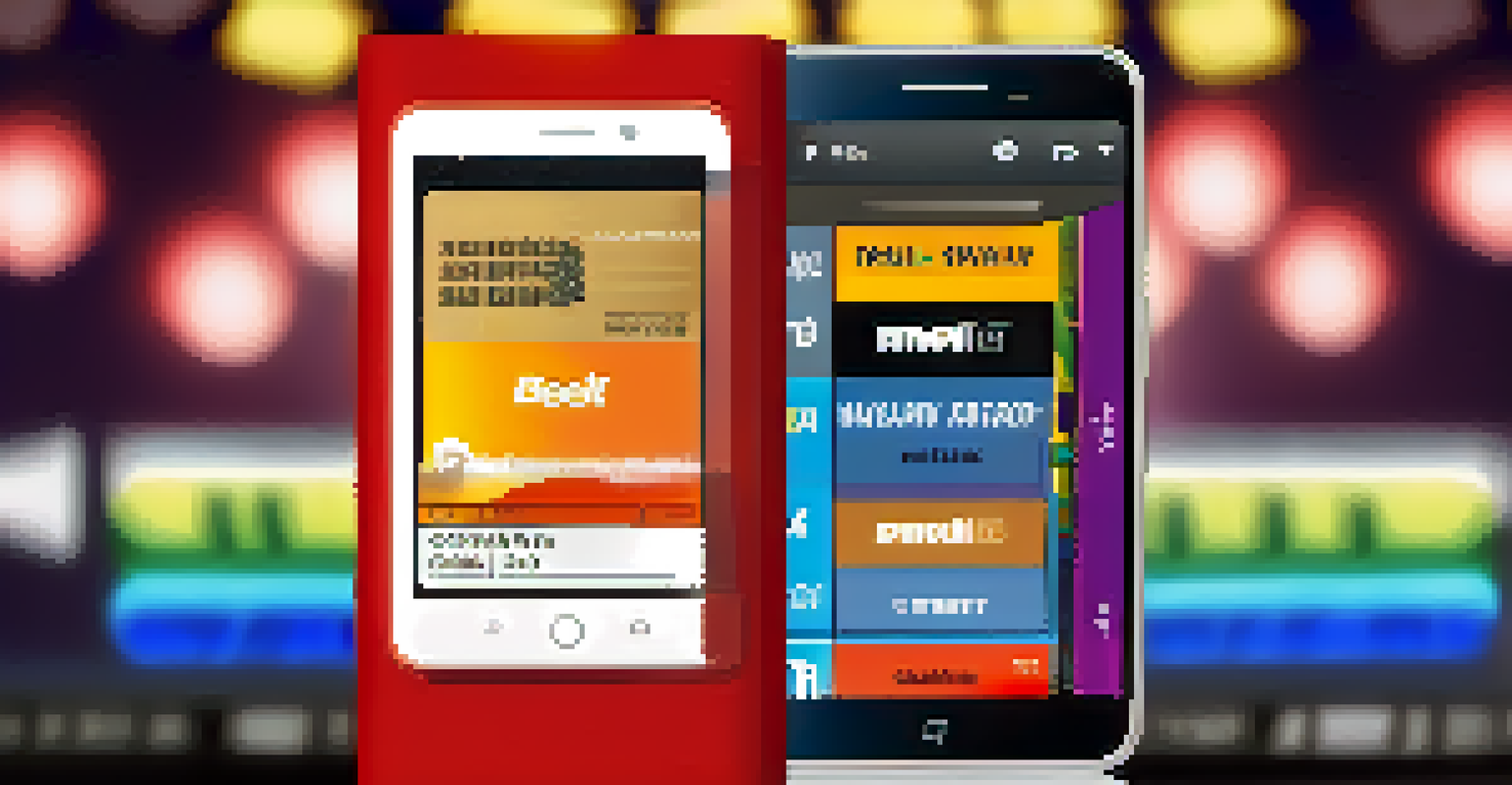 A smartphone showing a mobile payment app with concert tickets and merchandise in the background, illuminated with warm lighting.