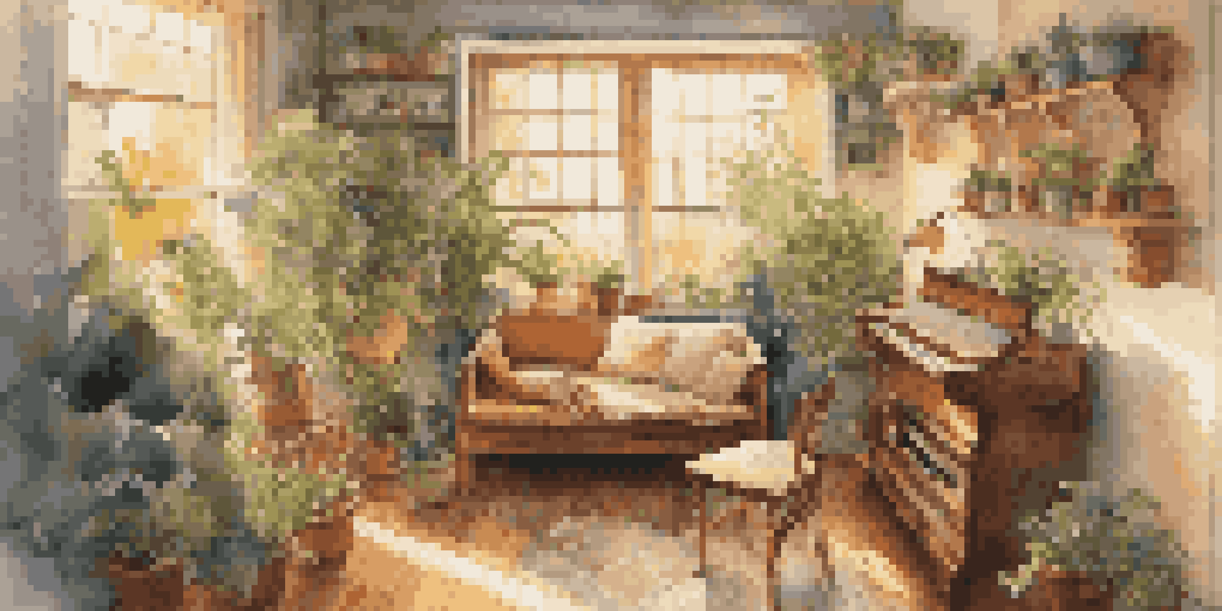 A musician playing an acoustic guitar in a warm and cozy indoor setting with plants and wooden furniture, illuminated by soft sunlight.