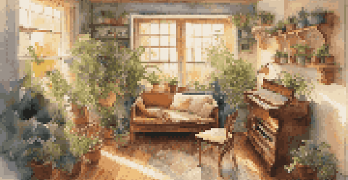 A musician playing an acoustic guitar in a warm and cozy indoor setting with plants and wooden furniture, illuminated by soft sunlight.