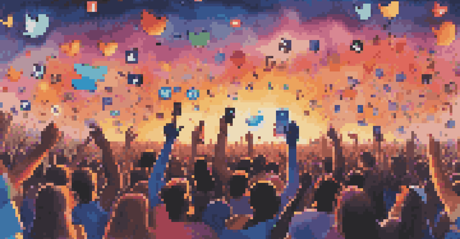 A vibrant music festival crowd with social media icons floating above, illustrating the impact of digital platforms on music criticism.