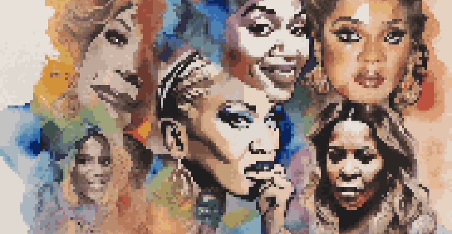 A collage of iconic women in music, featuring portraits of Madonna, Aretha Franklin, Beyoncé, and Taylor Swift, surrounded by musical notes and symbols of activism.