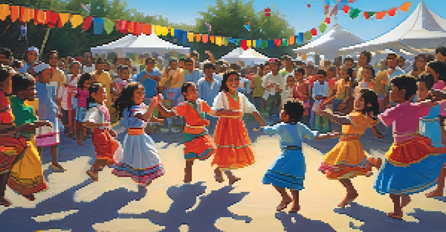 Children dancing joyfully at a cultural festival, surrounded by colorful decorations and a live band in the background.