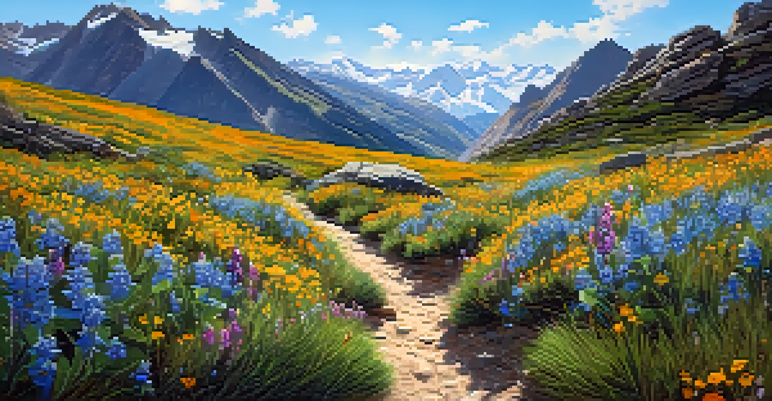 A person gazing up at a mountain trail, surrounded by vibrant wildflowers under a clear blue sky.