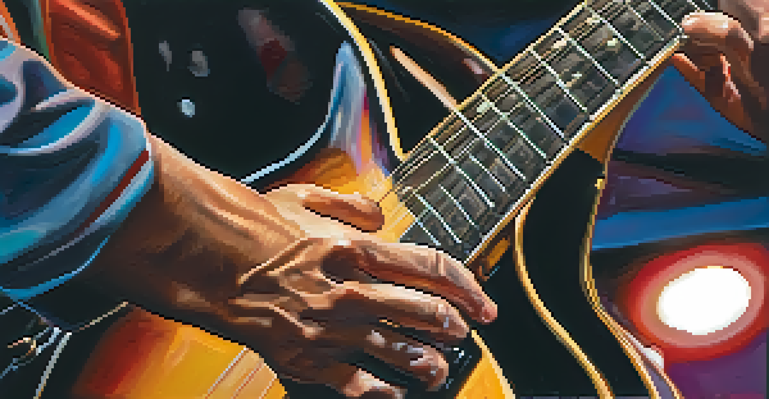 Close-up of a musician's hands playing a guitar on a dimly lit stage with colorful lights in the background.