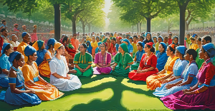 A diverse group of people in colorful clothing chanting joyfully in a lush green park with sunlight filtering through the trees.