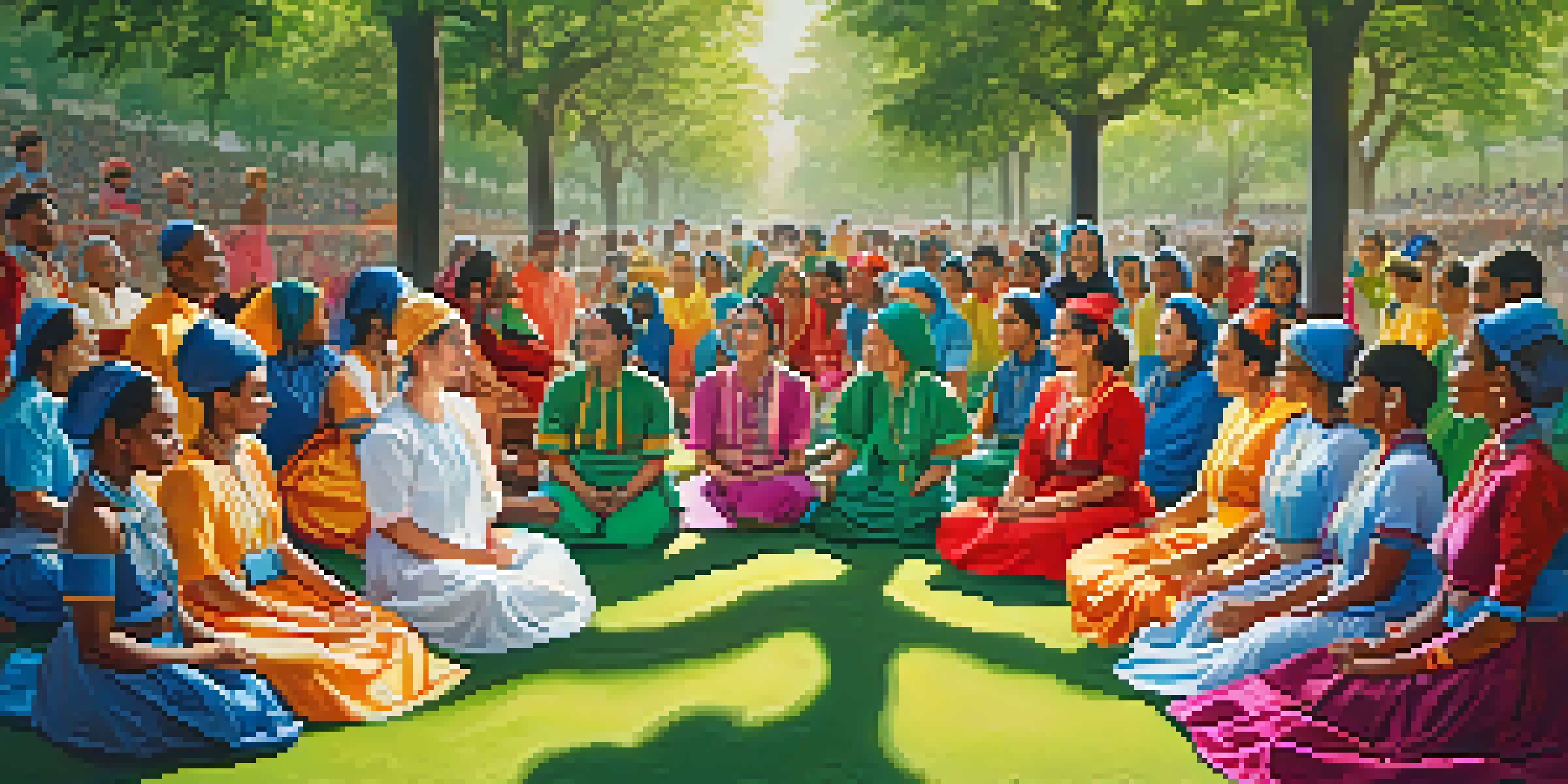 A diverse group of people in colorful clothing chanting joyfully in a lush green park with sunlight filtering through the trees.