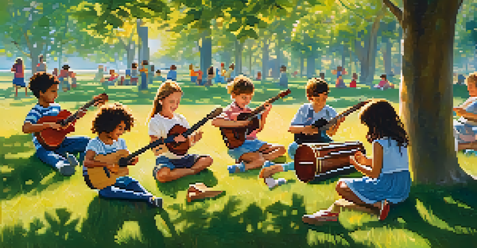 Children playing instruments together outdoors, surrounded by trees and colorful banners, creating a joyful atmosphere.