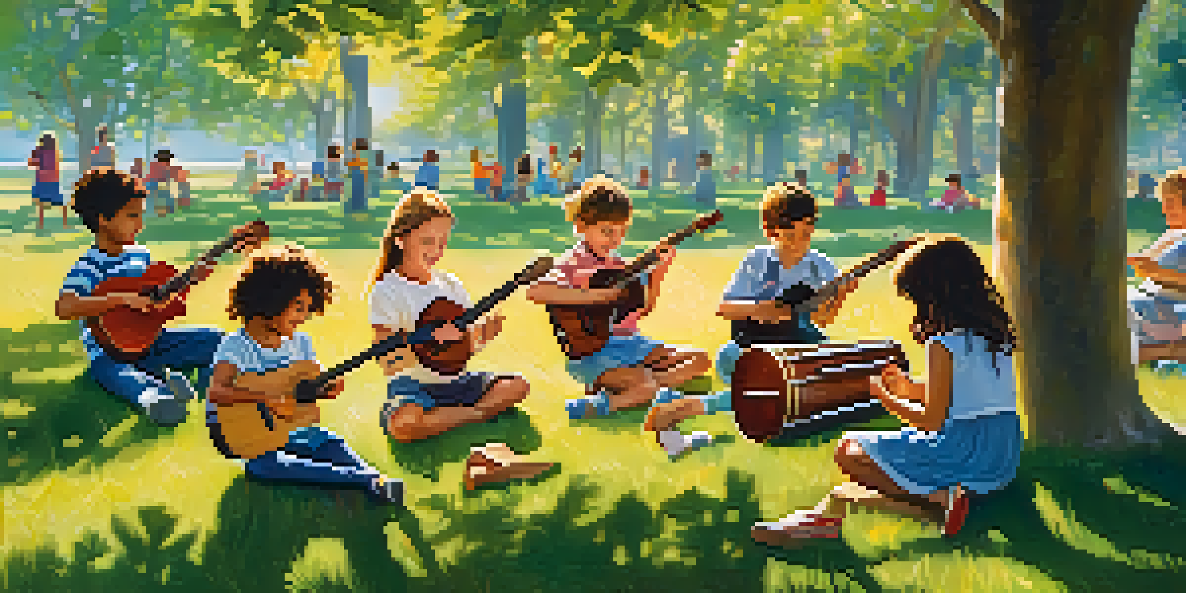 Children playing instruments together outdoors, surrounded by trees and colorful banners, creating a joyful atmosphere.