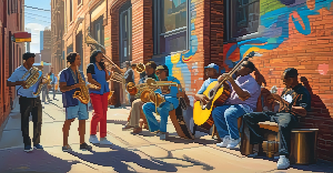 A lively street scene with diverse musicians playing instruments and people enjoying the music in a colorful urban setting.