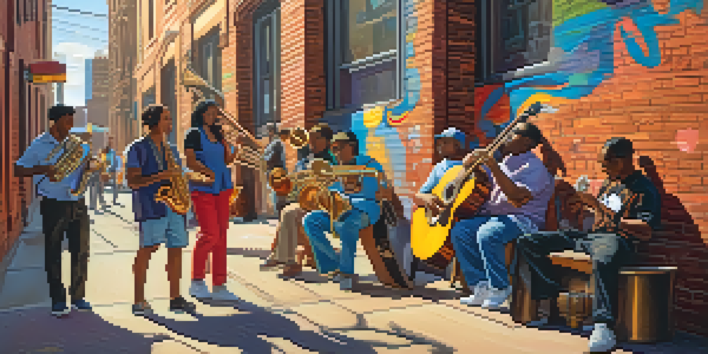 A lively street scene with diverse musicians playing instruments and people enjoying the music in a colorful urban setting.