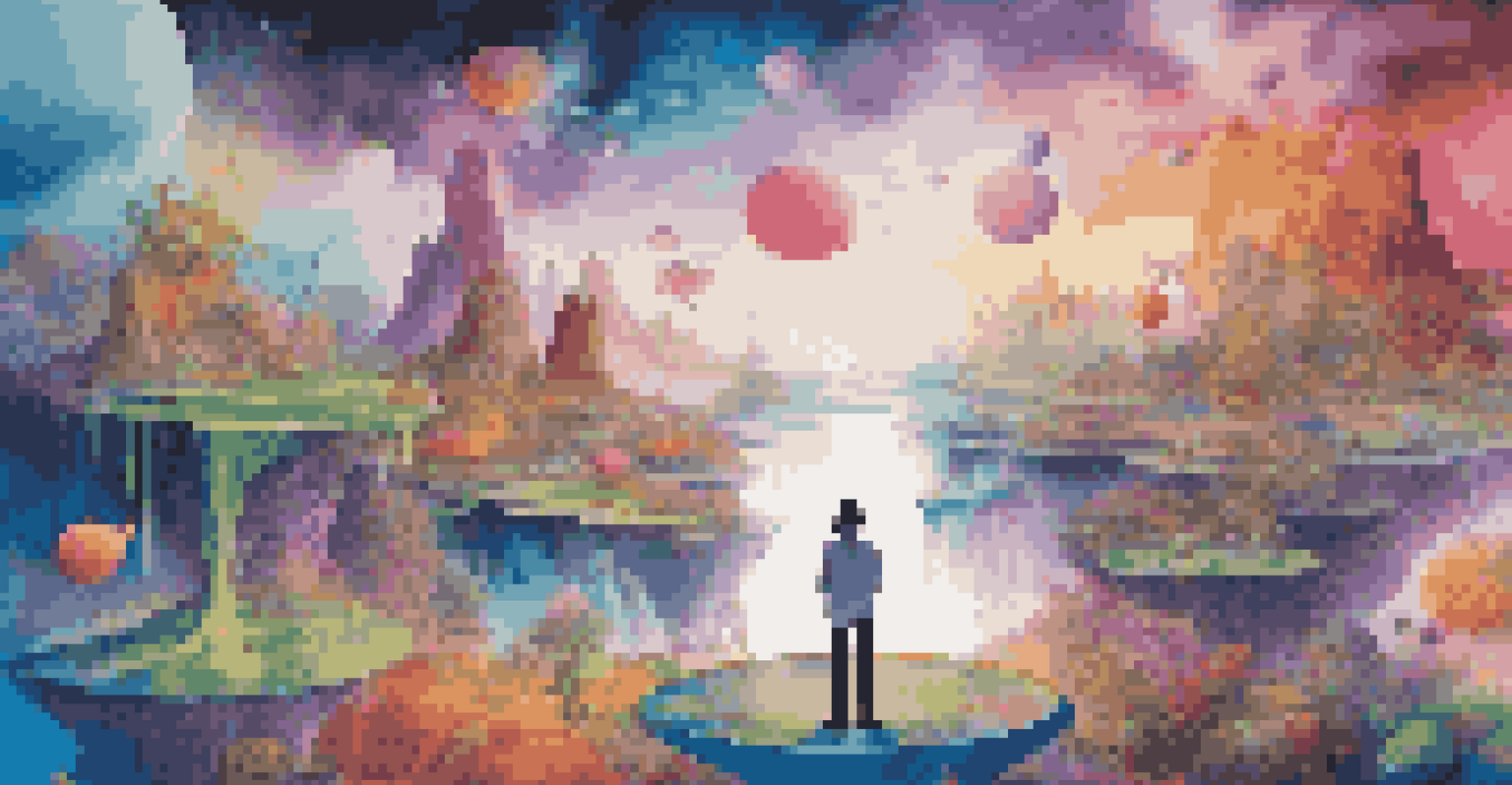 A person in a VR headset experiences a colorful, animated landscape that responds to music.