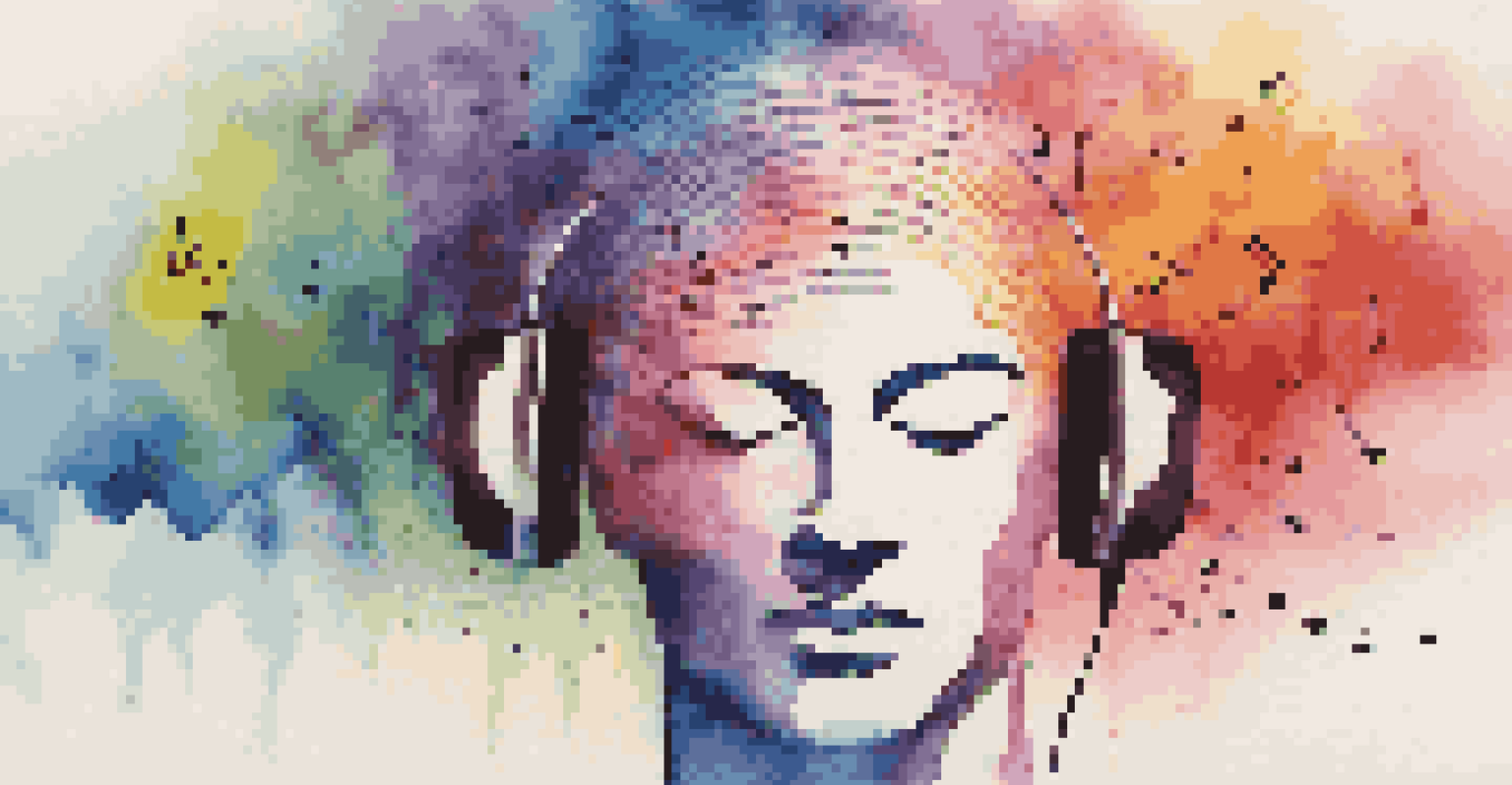 An artistic depiction of colorful sound waves entering a brain silhouette, with musical notes and a vibrant gradient background representing the link between music and memory.
