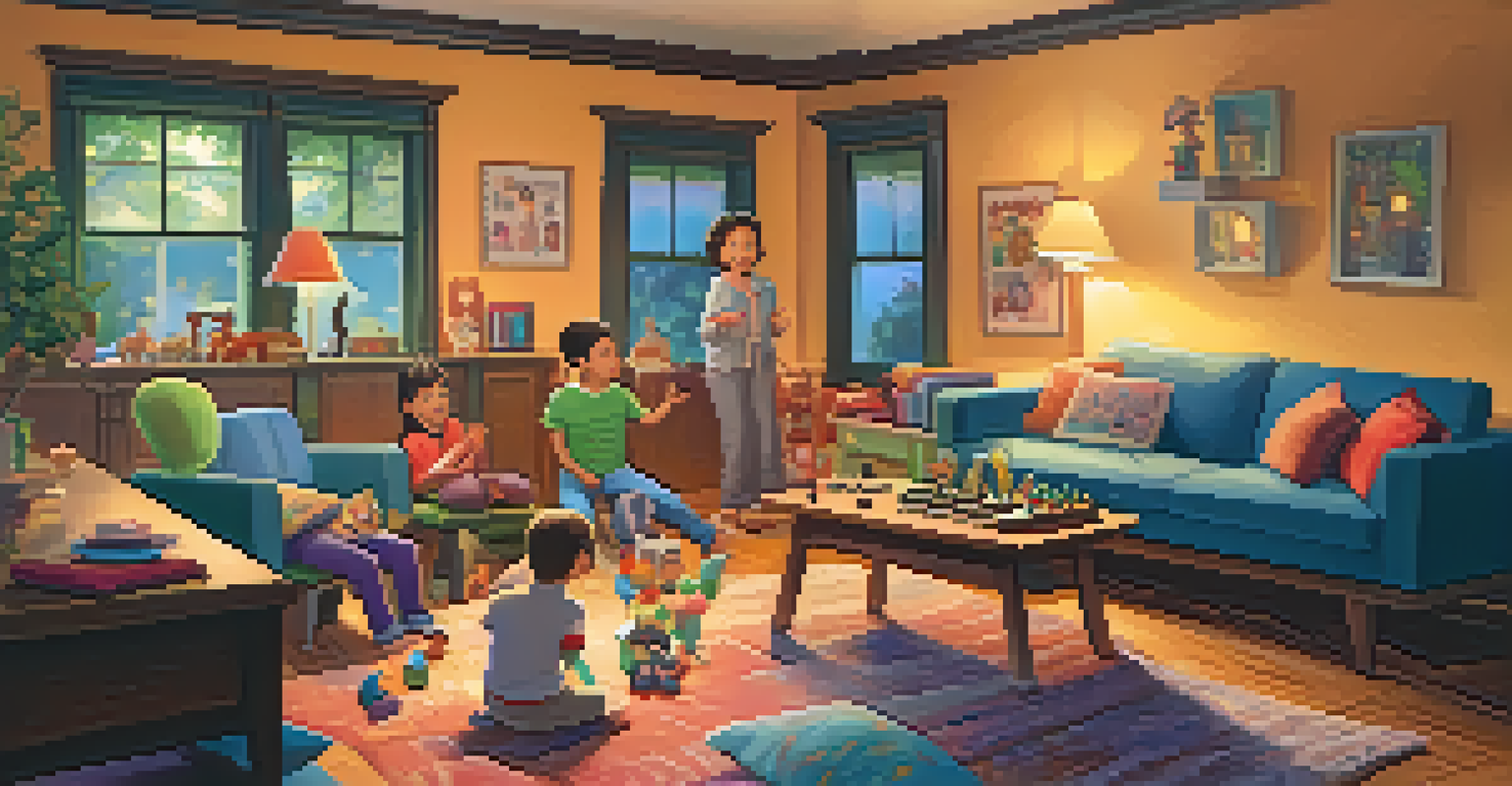 A family enjoying music together in a cozy living room filled with musical toys and warm lighting.
