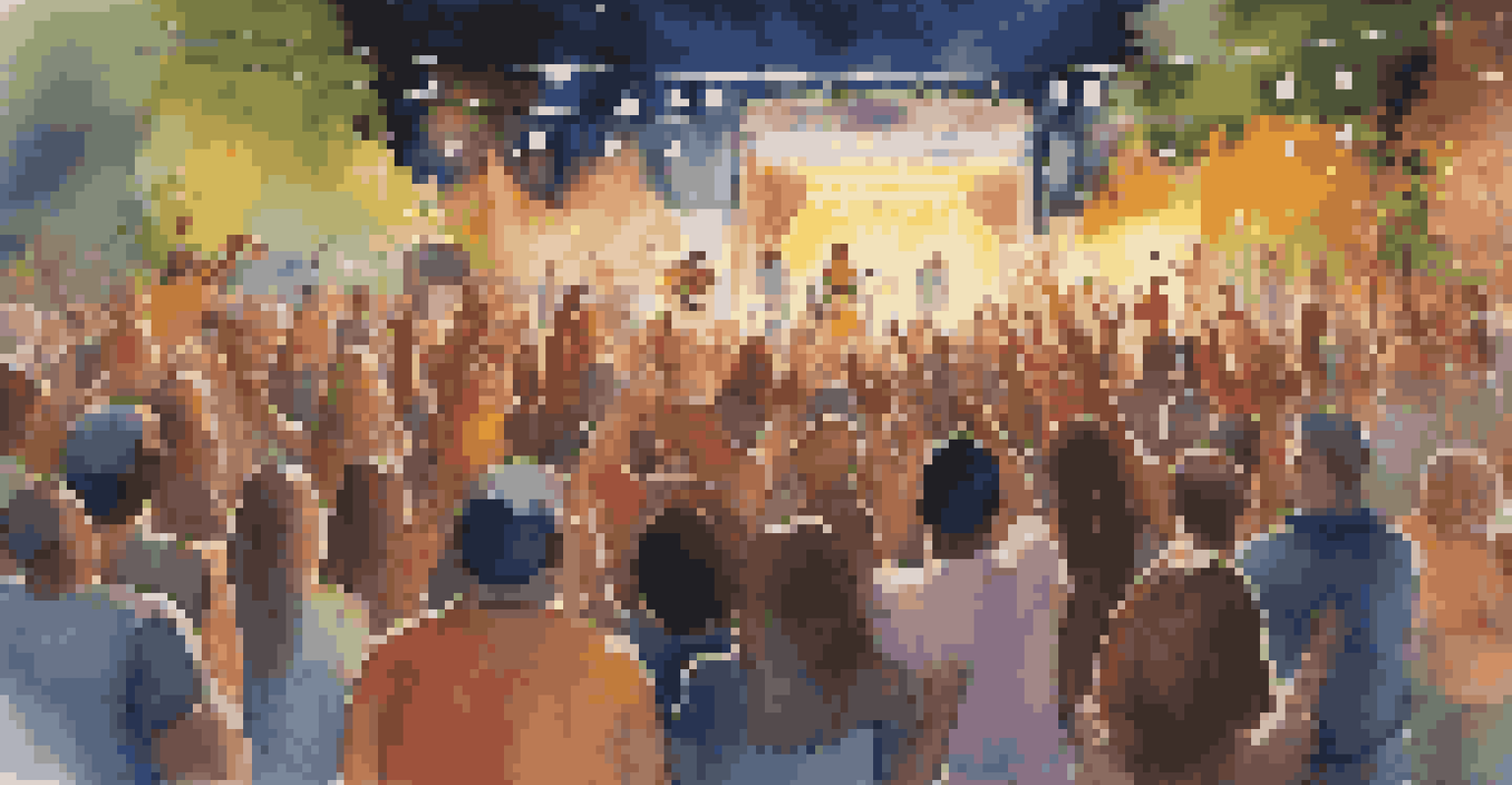 A lively outdoor concert with a diverse crowd enjoying a band on stage, illuminated by colorful lights.
