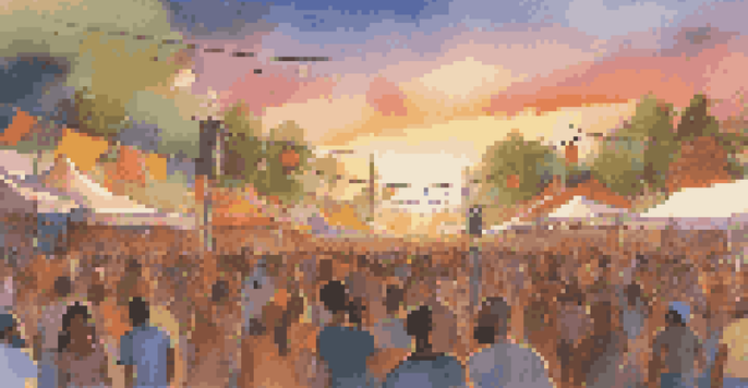 A lively outdoor music festival with diverse people enjoying live music under a sunset.