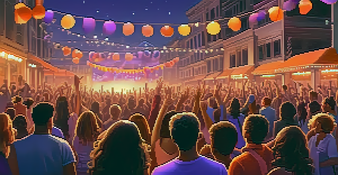 A lively outdoor concert at sunset with a diverse crowd enjoying a performance, colorful stage lights, and a vibrant sky.