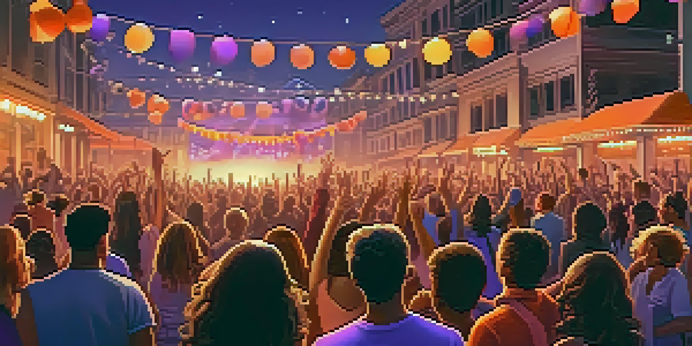 A lively outdoor concert at sunset with a diverse crowd enjoying a performance, colorful stage lights, and a vibrant sky.