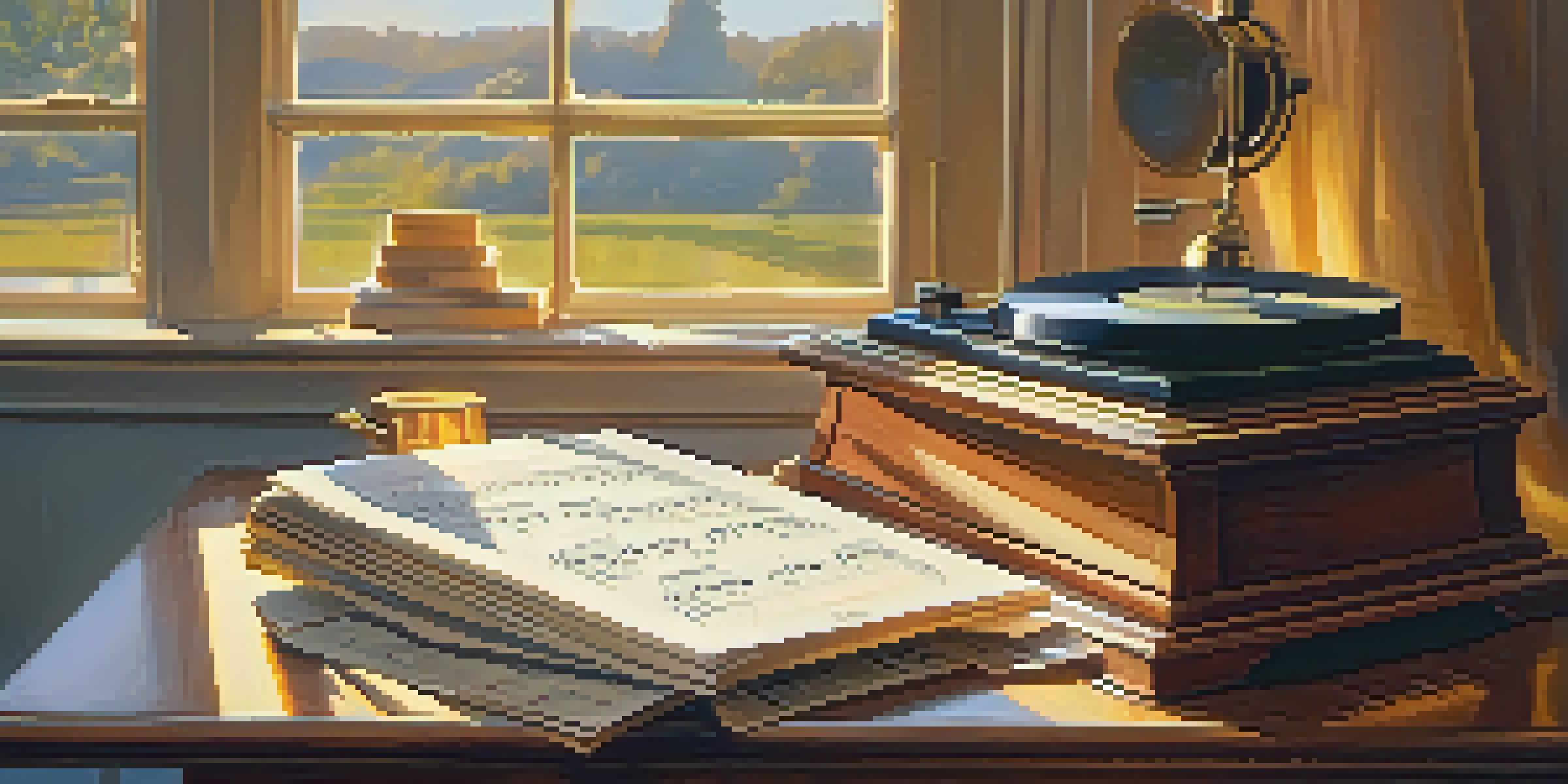 A wooden desk with sheet music, a vintage metronome, and warm light streaming through a window.