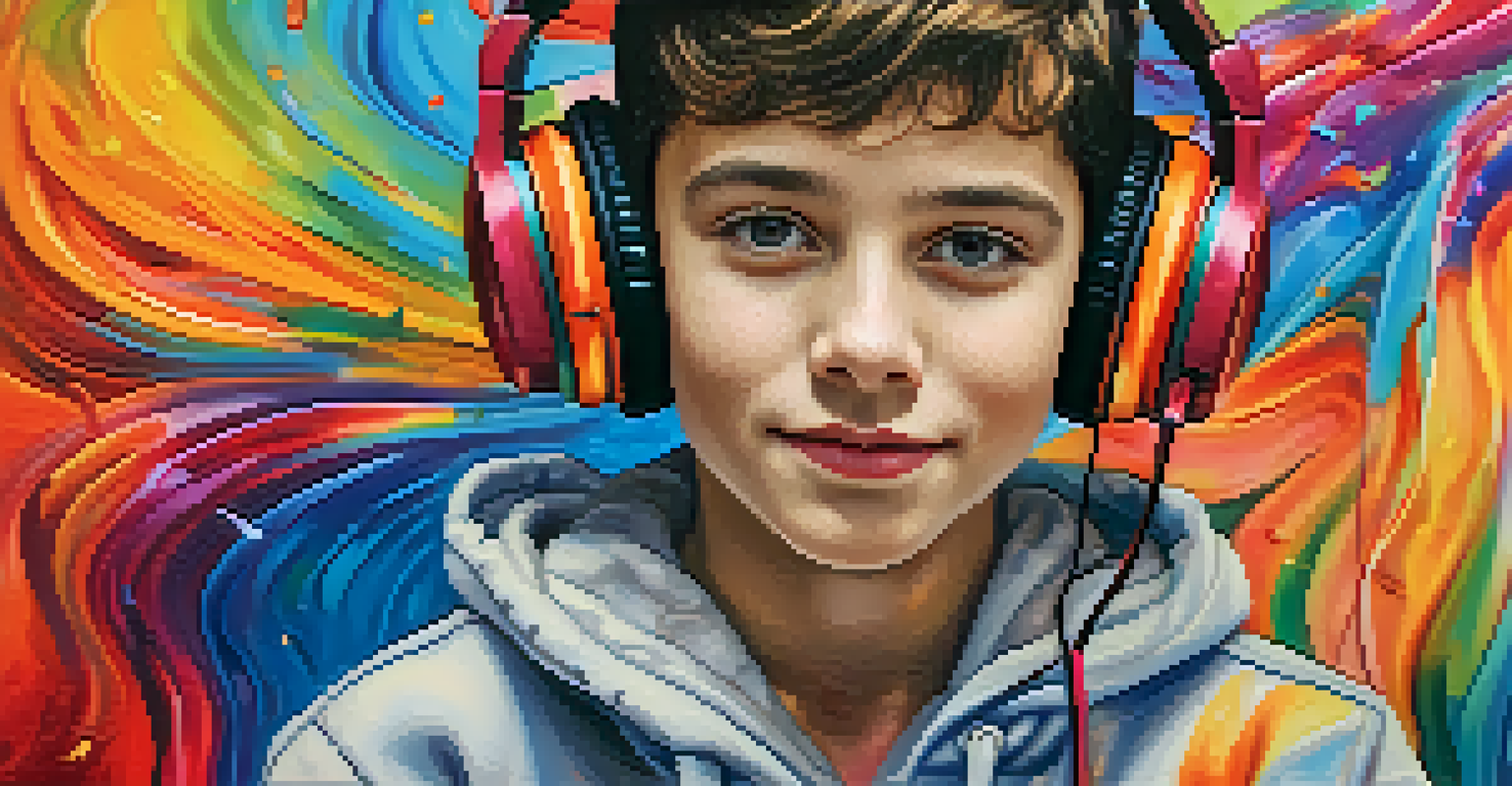 A close-up of a young person wearing headphones, showcasing various emotions while listening to music, with a colorful background.