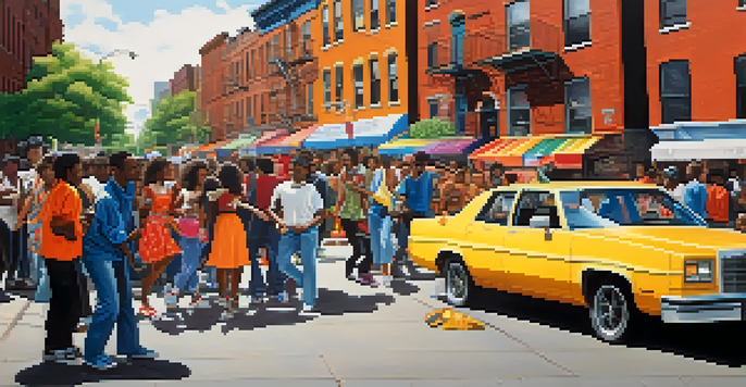 A lively block party in the Bronx in the 1980s, with young people dancing and a DJ spinning records, surrounded by colorful graffiti art.