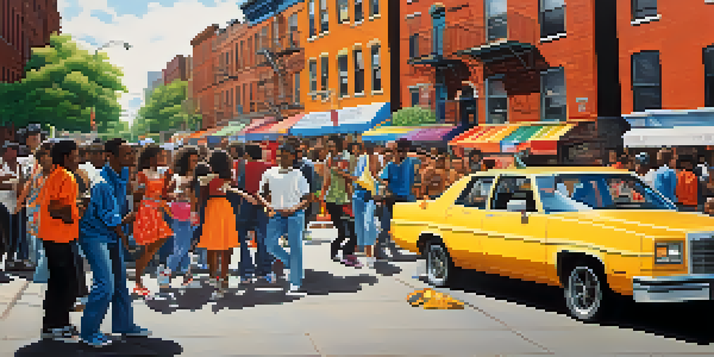 A lively block party in the Bronx in the 1980s, with young people dancing and a DJ spinning records, surrounded by colorful graffiti art.
