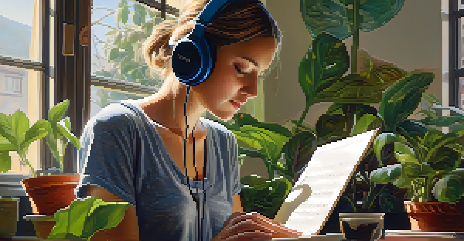 A young woman with headphones, immersed in music in a cozy room filled with plants and art.