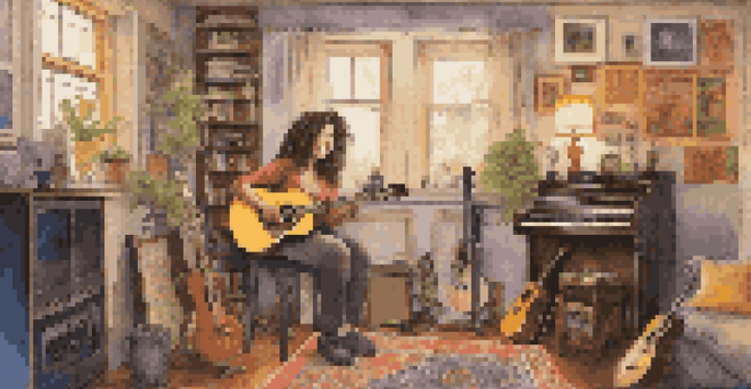 A musician playing an acoustic guitar in a home studio with fans watching outside.