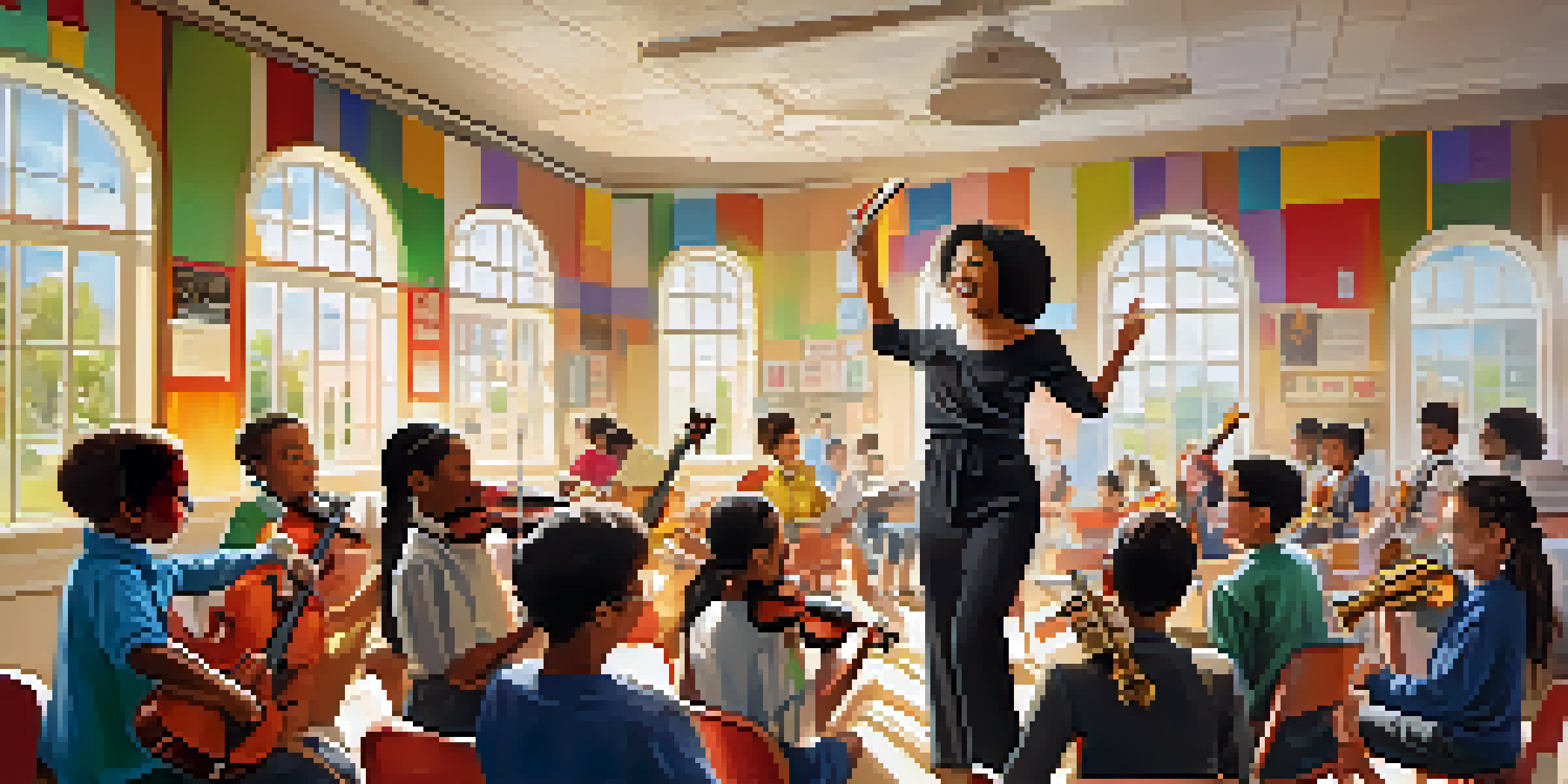 A female music teacher conducting a diverse group of students in a vibrant classroom, with sunlight illuminating the space and colorful music posters on the walls.