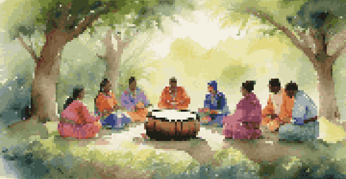 A group of people in traditional clothing sitting in a circle around a drum, participating in a healing ritual in a serene landscape.