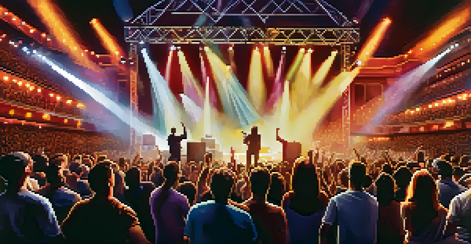 An artist performing on stage with a large audience engaged in using smartphones for digital purchases during a live music event.