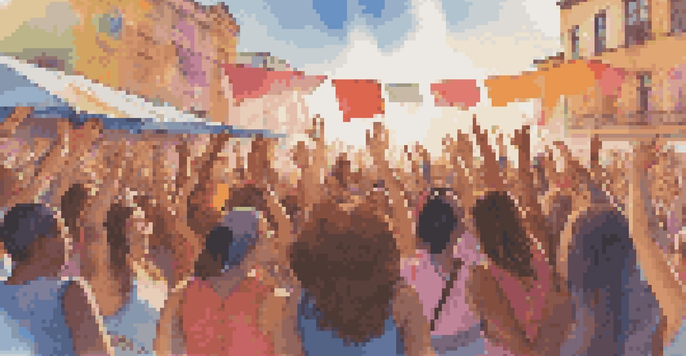 A lively music festival with women artists on stage, colorful banners, and a cheering crowd under warm sunlight.