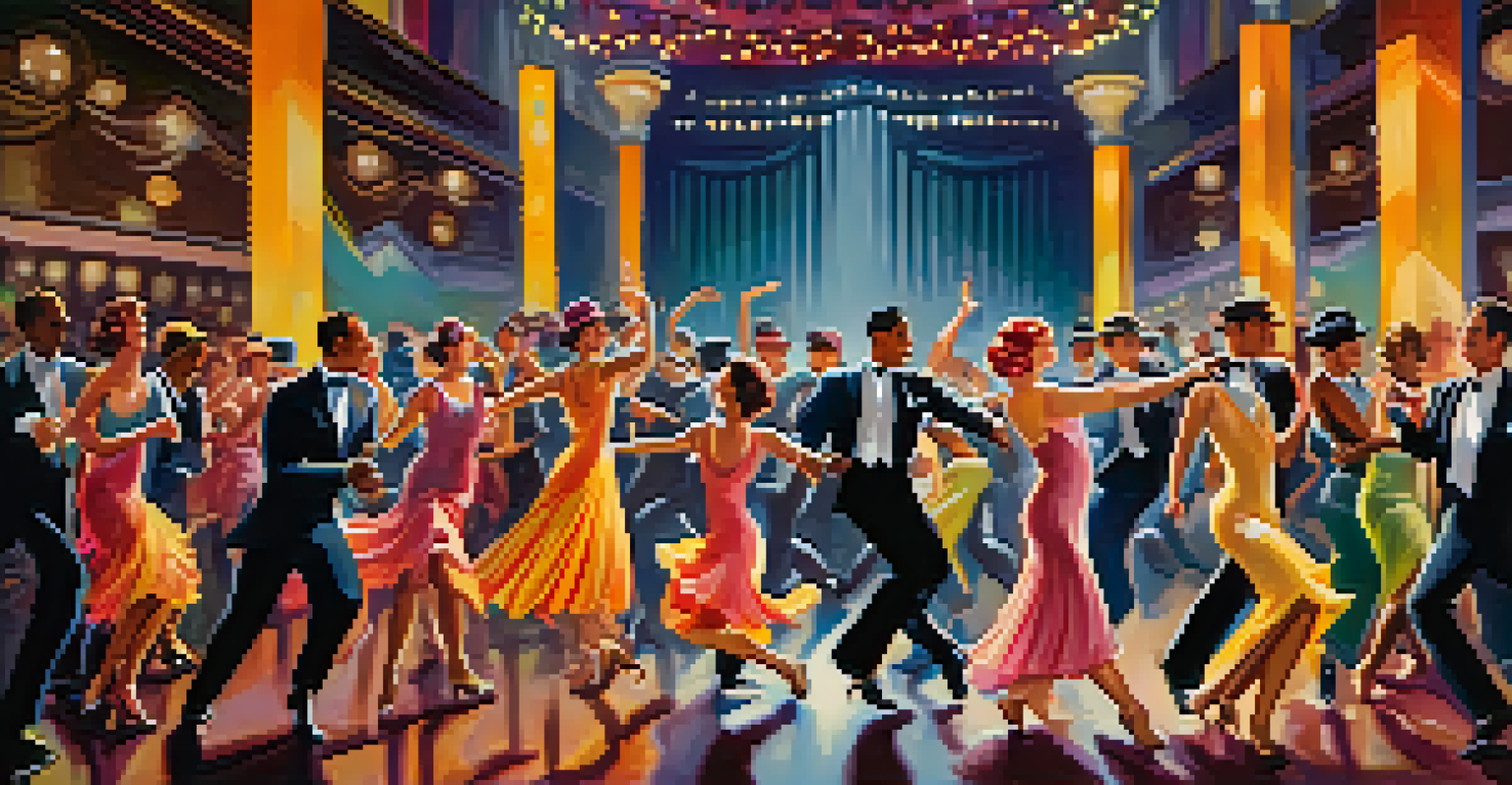 Dancers performing the Charleston in a vibrant nightclub, dressed in 1920s attire and surrounded by a jazz band.