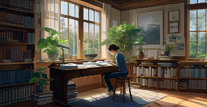 A student studying in a well-lit room with plants and a cup of tea, surrounded by books and notes.