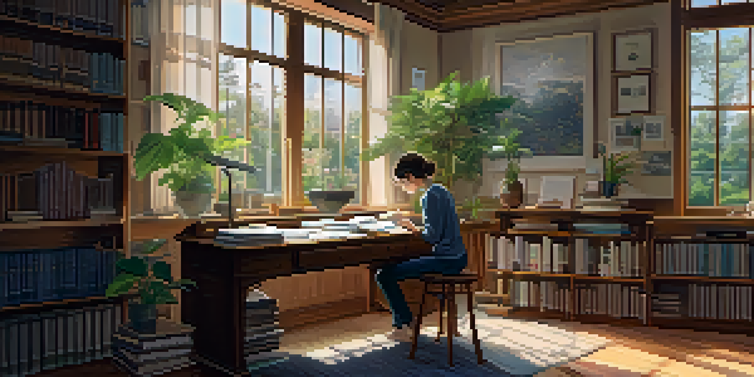 A student studying in a well-lit room with plants and a cup of tea, surrounded by books and notes.