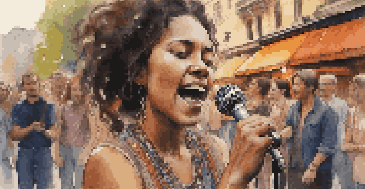 A young woman singing passionately into a microphone on a street corner, with a blurred crowd in the background, capturing an intimate performance.