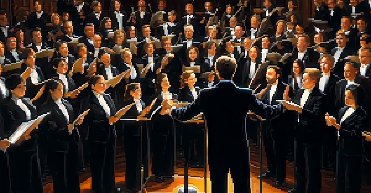 Close-up of a conductor's hands holding a baton, ready to lead a choir, with a blurred background of singers.