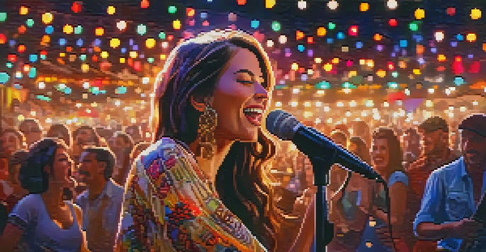 A female country music artist performing on stage with colorful lights and a cheering crowd, representing empowerment in music.