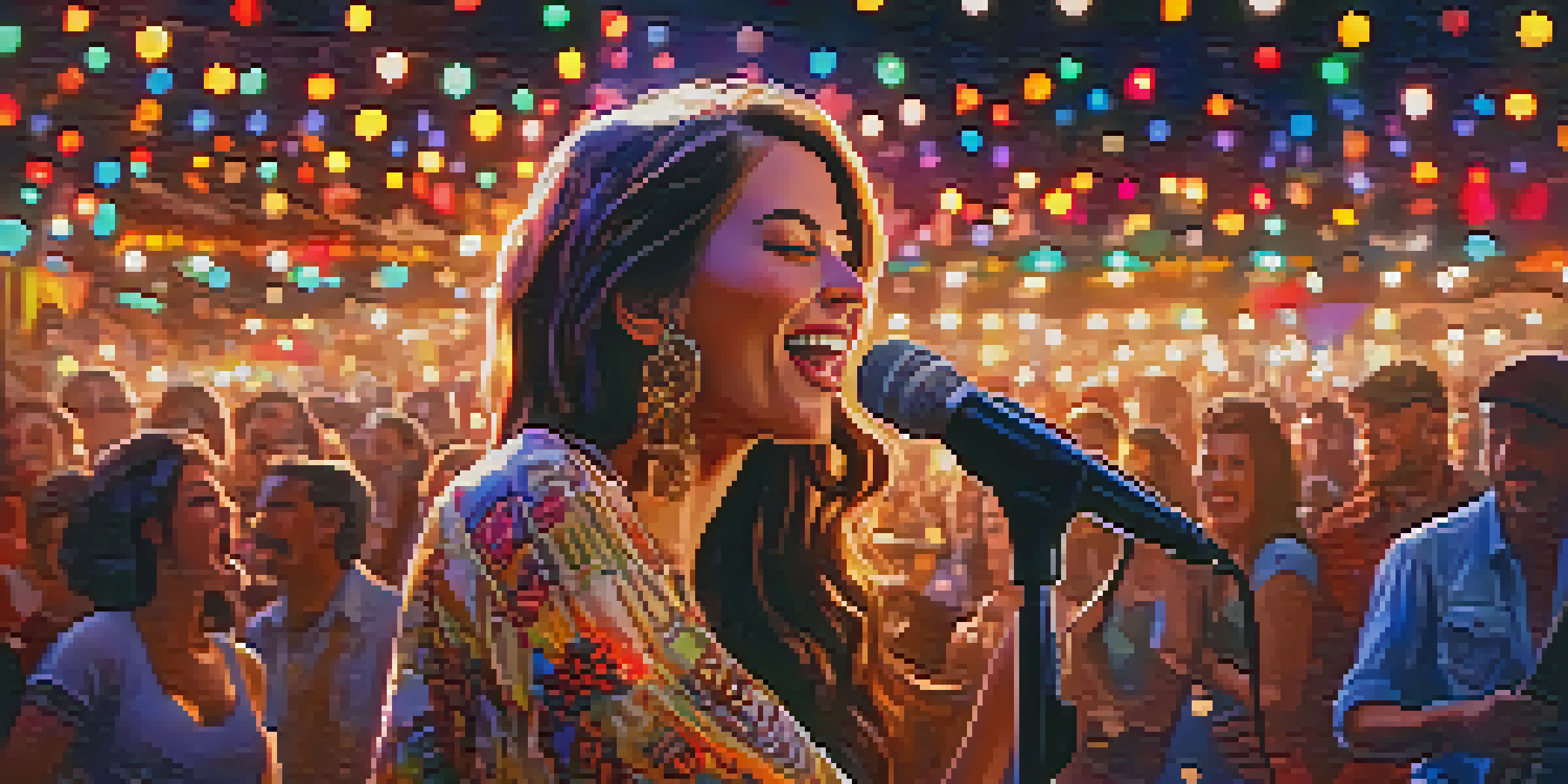 A female country music artist performing on stage with colorful lights and a cheering crowd, representing empowerment in music.