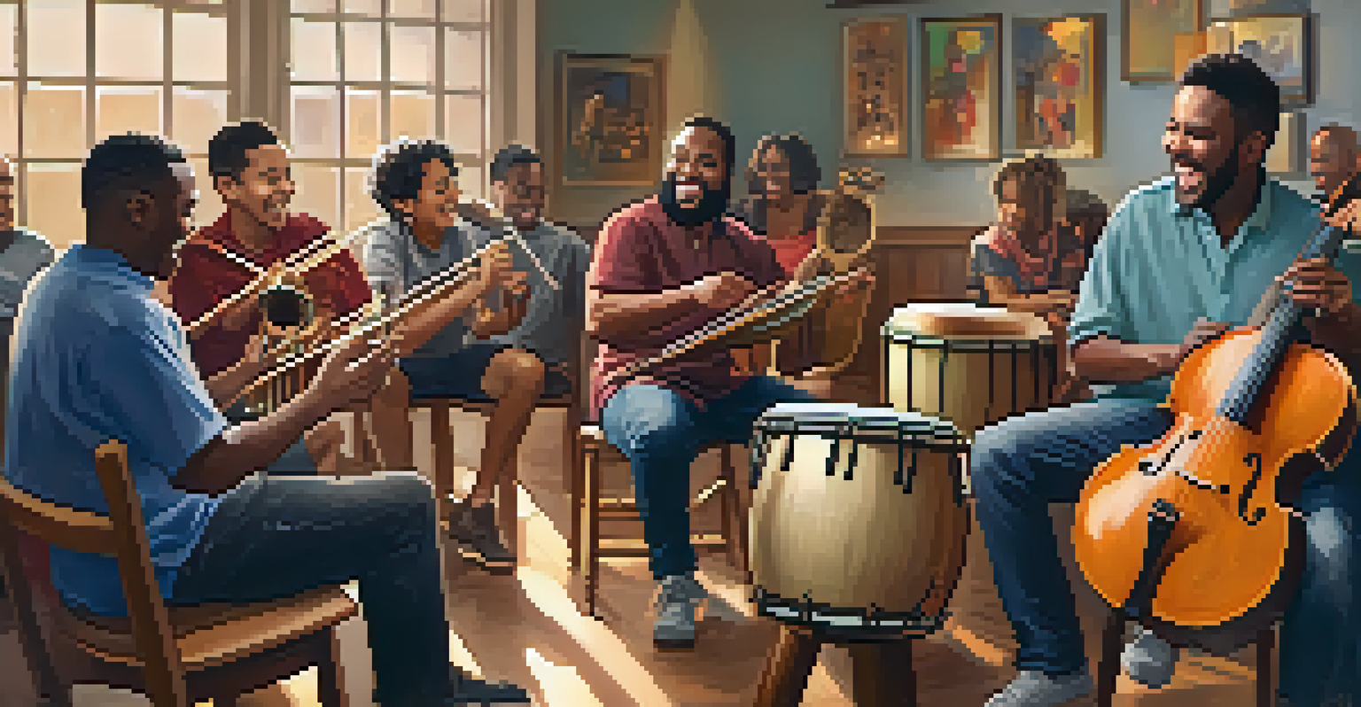 A lively group music therapy session with participants playing percussion instruments together.