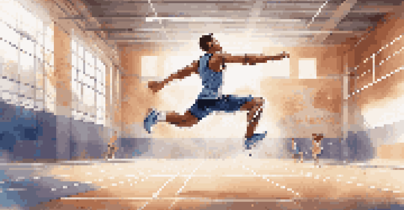 An athlete executing a jump in a gym, surrounded by visual representations of music notes, conveying motivation and energy.