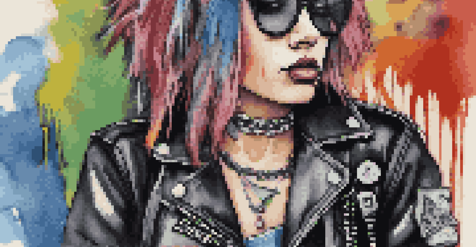A detailed view of punk rock fashion featuring a leather jacket with patches, ripped jeans, and bold accessories, set against a graffiti backdrop.