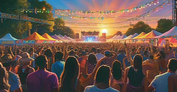 A lively music festival with a diverse crowd enjoying performances on stage, colorful lights illuminating the scene, and banners in the background.