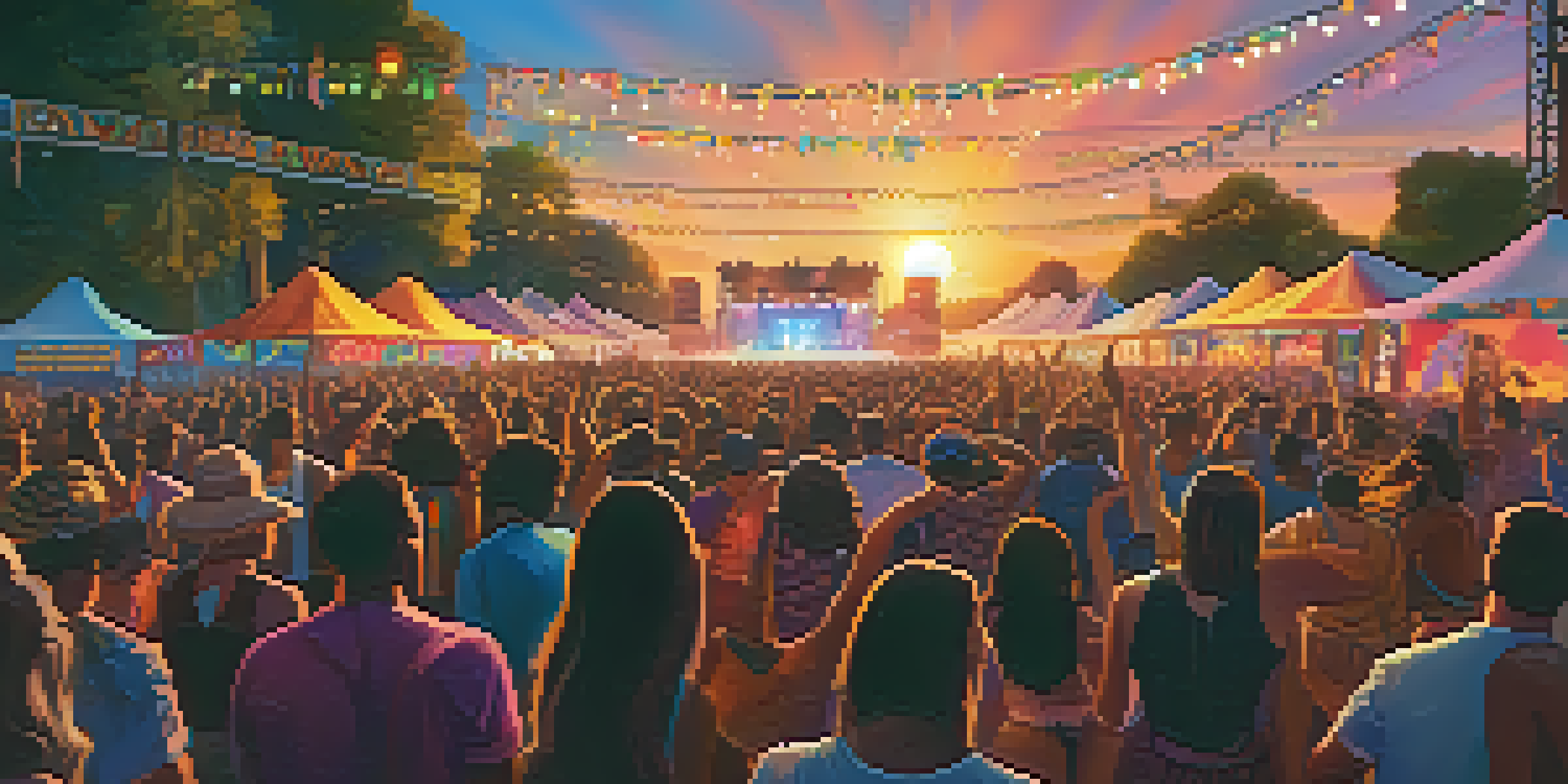 A lively music festival with a diverse crowd enjoying performances on stage, colorful lights illuminating the scene, and banners in the background.
