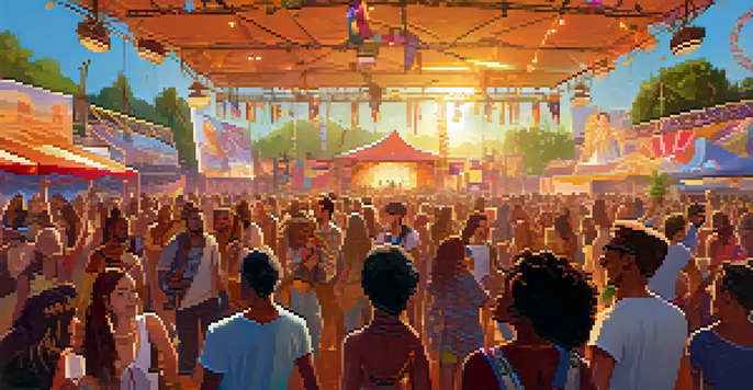 A lively outdoor music festival with a diverse crowd enjoying music, colorful lights, and a sunset ambiance.