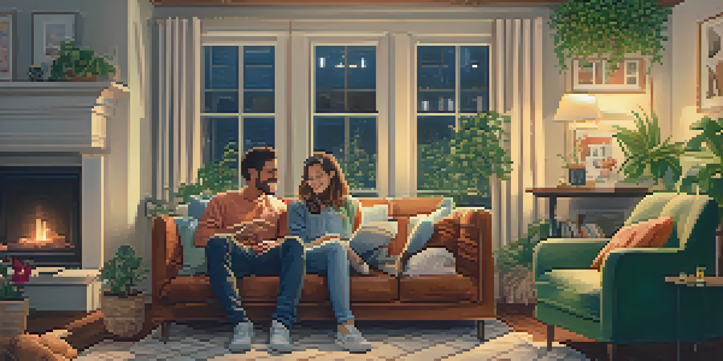 A couple on a sofa sharing headphones and smiling while enjoying music in a cozy living room filled with plants and personal items.