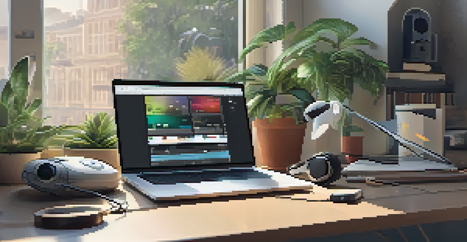 A modern workspace with a laptop showing a music streaming service, headphones, a smartphone, and plants around in a well-lit room.