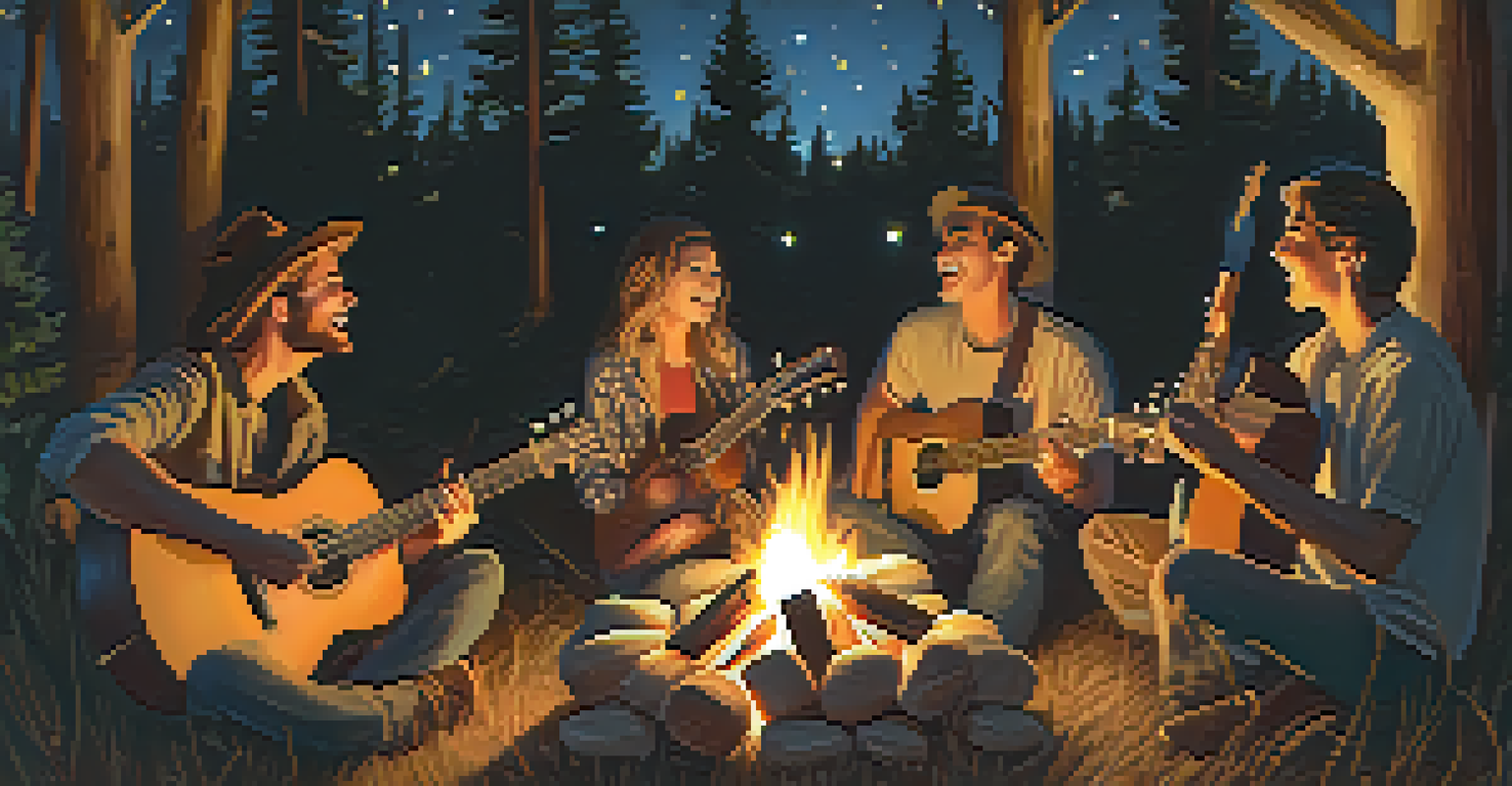 A cozy campfire scene with friends singing and playing guitars at night, under a starry sky.