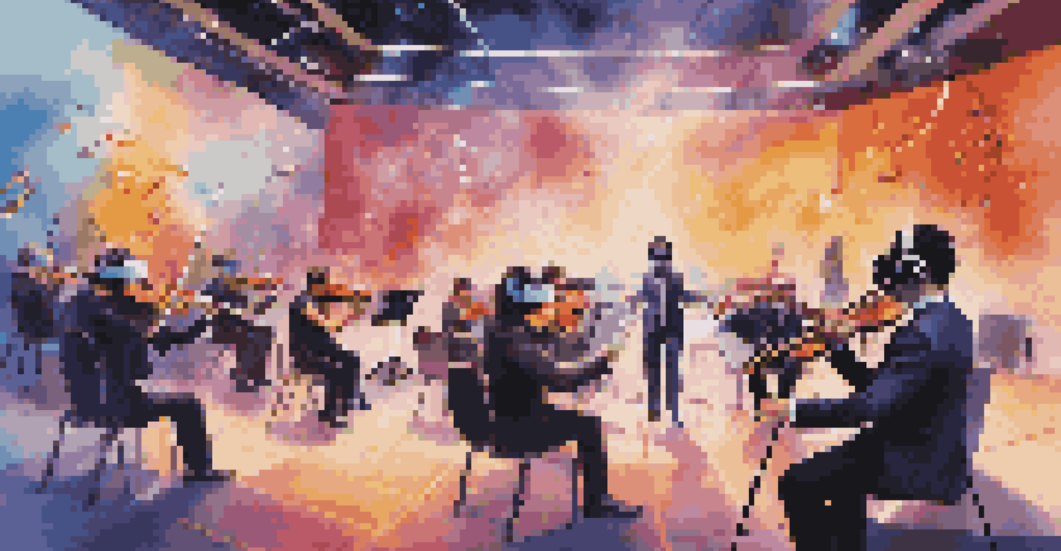 A student in virtual reality conducting an orchestra with immersive visuals and floating musical notes.