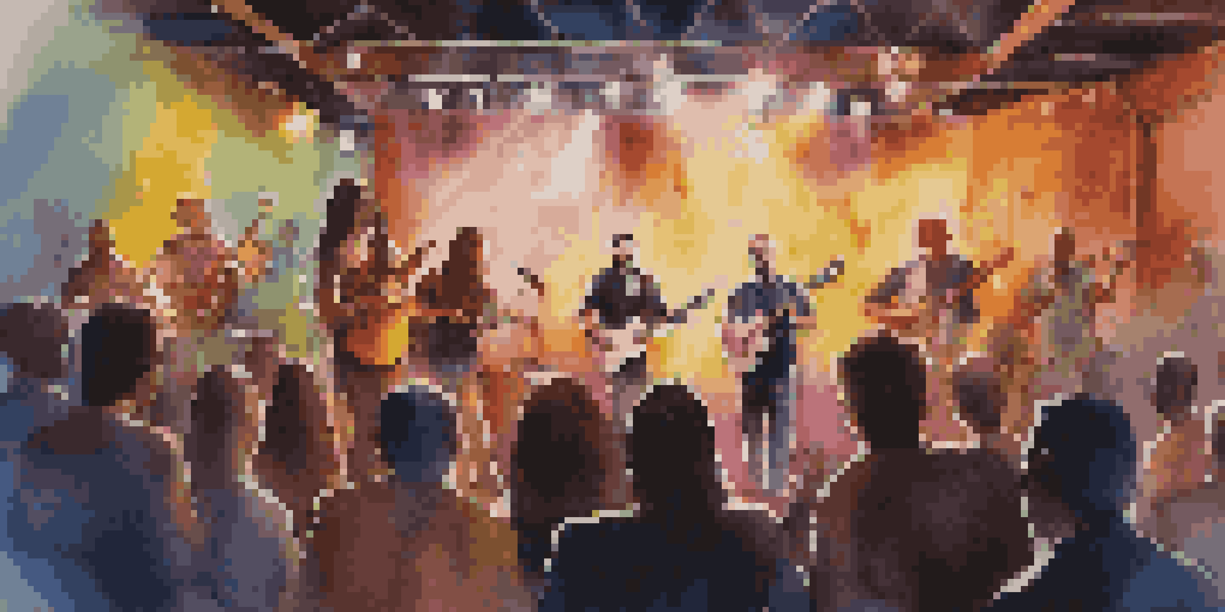A lively music performance with musicians on stage, colorful lights, and an engaged audience.